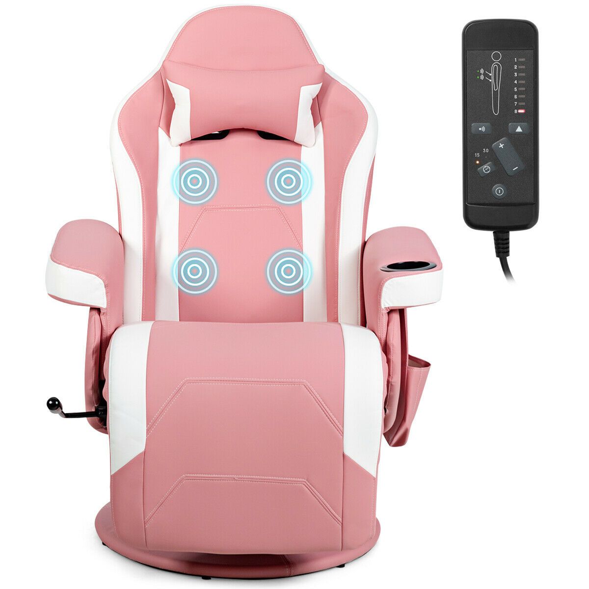 Electric Massage Gaming Chair with Cup Holder and Side Pouch Pink